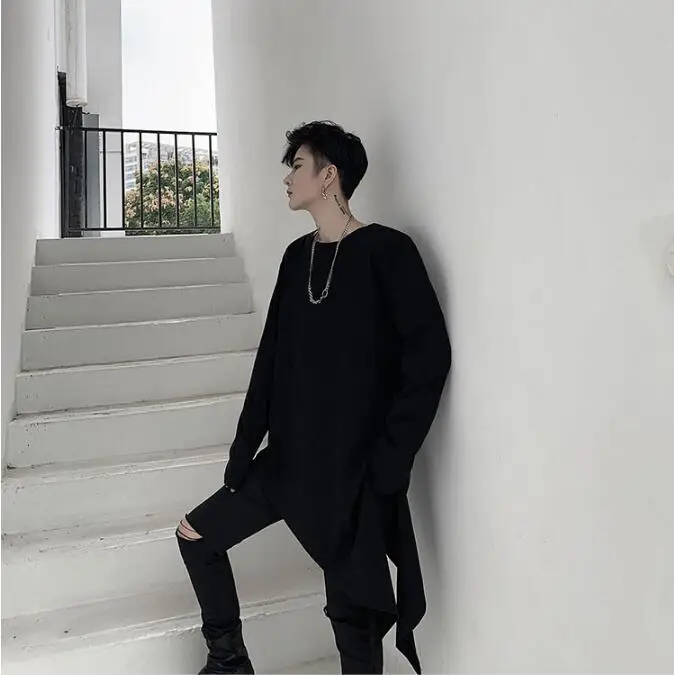 M-XL! весенние и осенние модели темных личностей Наклонный подол Сплит дизайн Мужская свободная футболка с длинными рукавами сплошной цвет джемпер