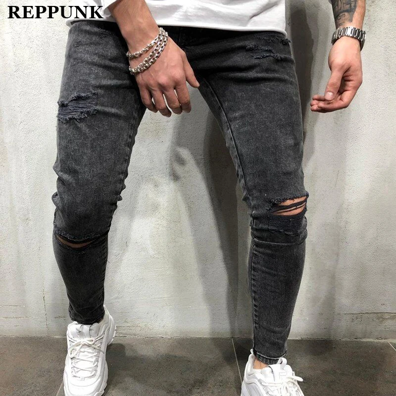 2020 Black Stretch Skinny Fit Bottom zipper Jeans Men Knee Ripped Distressed Hole biker jeans Pants Hip Hop Street Big Size XXXL | Мужская