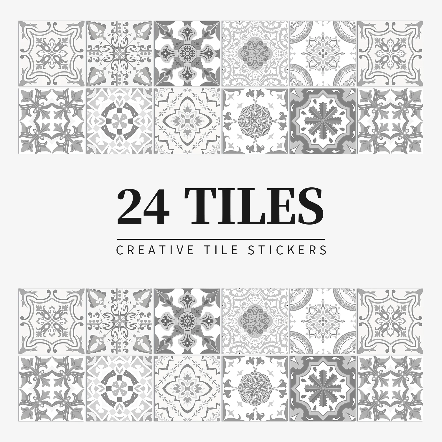 24PCS Wall Sticker Gray Moroccan Vintage Art Waterproof Vinyl Peel and Stick Tile Stickers Home Decor Kitchen Bathroom DIY Decal