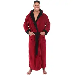 Men's Bathrobe Flannel Hooded Winter Robe Solid Plush Thick Lengthened Bathrobe Man Homewear Terry Robe Pajama Nightgown