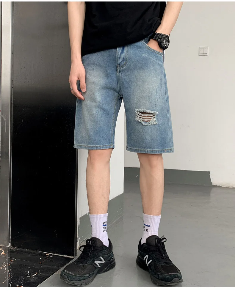 Free Shipping 2020 Men's Summer New Mid-waist Five-point Jeans Straight Simple Retro Hole Casual Shorts Thin