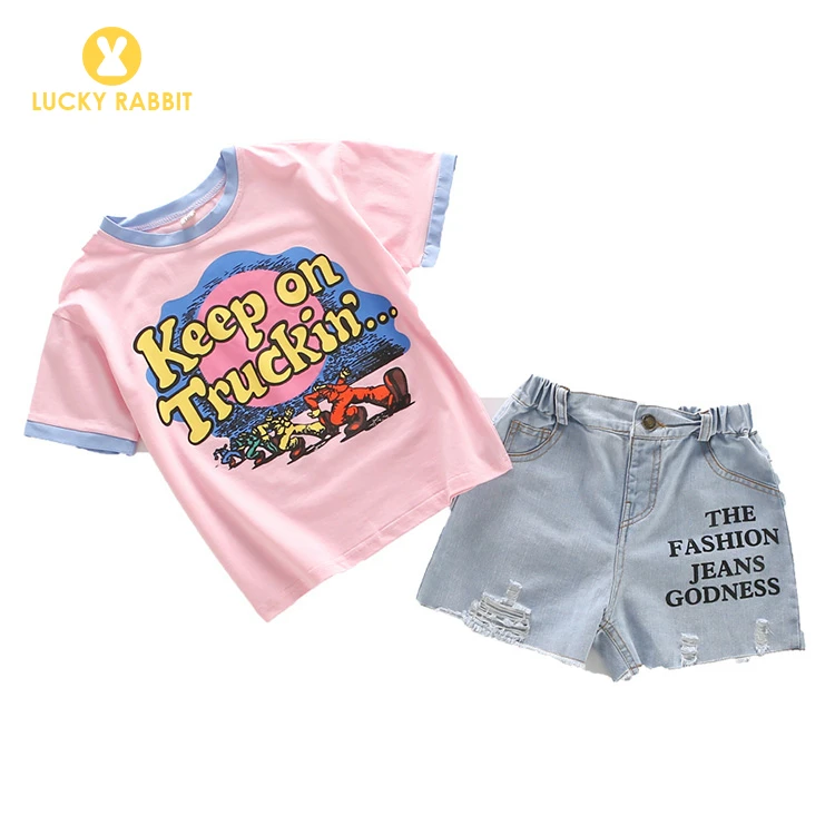 Bulk Children Clothes Casual Kids summer Girl Tops Clothing cartoon print Set wholesale boutique children clothing