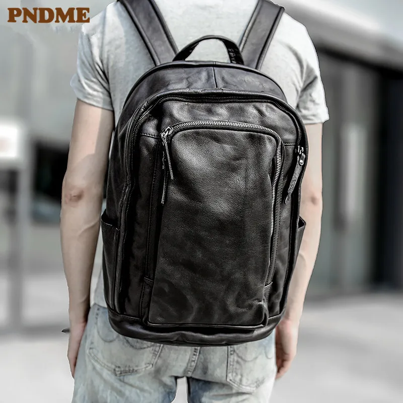 

PNDME high quality soft cowhide men's women's black backpack casual simple travel large capacity genuine leather laptop bagpack