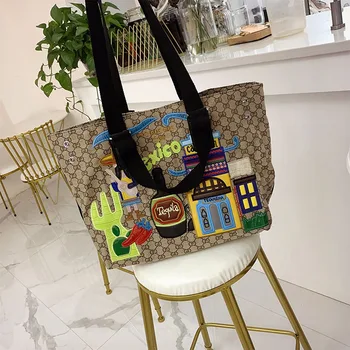 

Women Bags Canvas Embroidery Shoulder Bags Handbags Totes Free Inner Bag Braccialini Style Handmade Cartoon Mexican Landscape