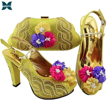 

Hot Sale High Quality Italian Design Party Ladies Shoes and Matching Bags African Shoes and Matching Bag Set in Gold Color