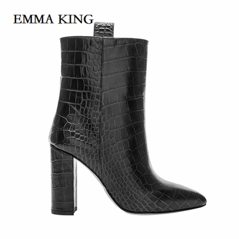 black Женские ботильоны из крокодиловой кожи; женские коричневые слипоны; Botas; женские кожаные полусапожки с острым носком; botas mujer - Цвет: black