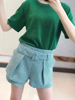 

Women Plaid Short PantsDouble Layer High Waist Shorts with Belt