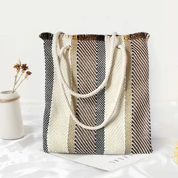

Cotton and Hemp Woven Hand-held Women's Bag Stripe Tote Large Bag Hong Kong Style Retro Stripe Women's Bag