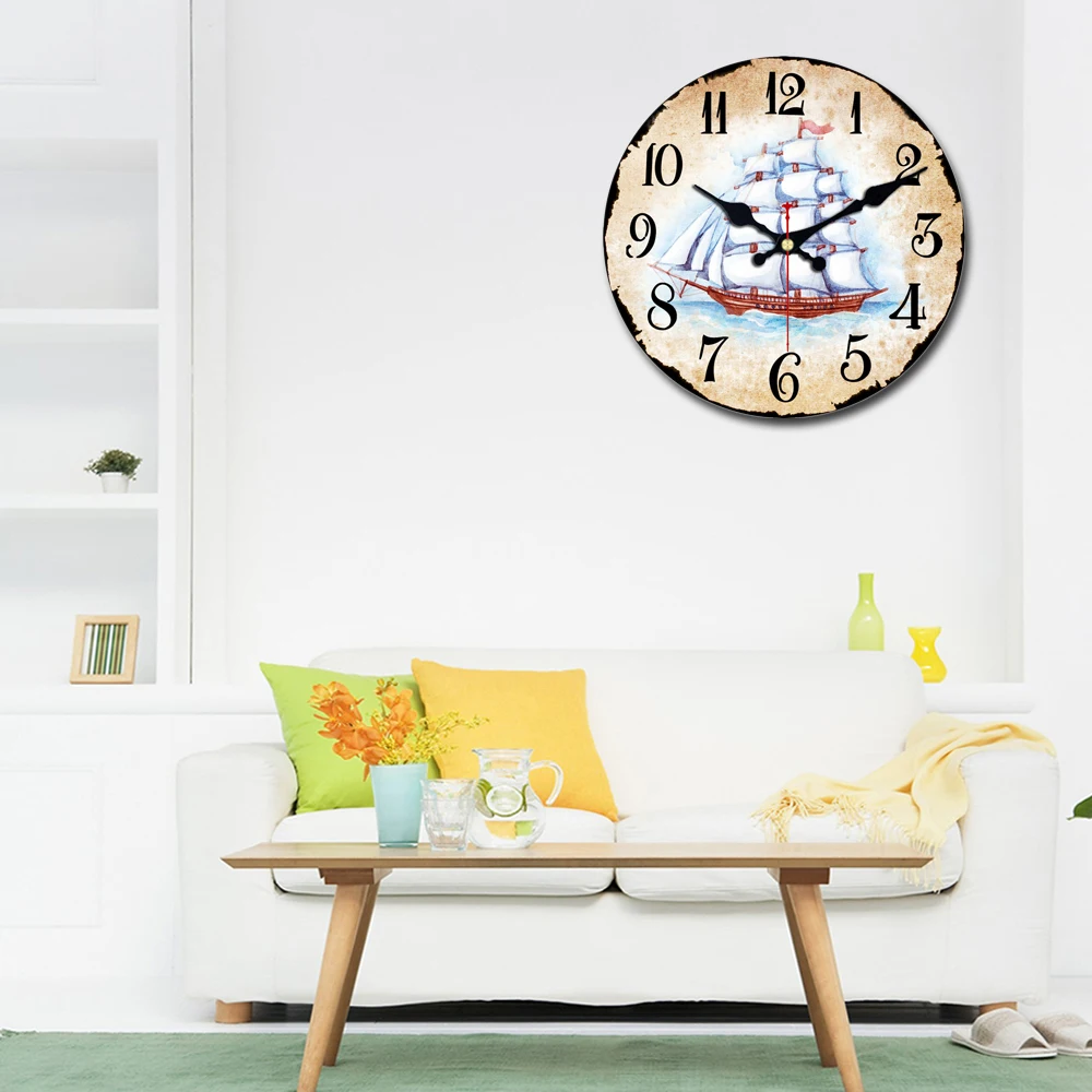 WONZOM корабль парусный спорт современный стиль деревянные картонные часы, круглые Настенные часы для домашнего декора гостиной не тикающий звук 6-16 дюймов