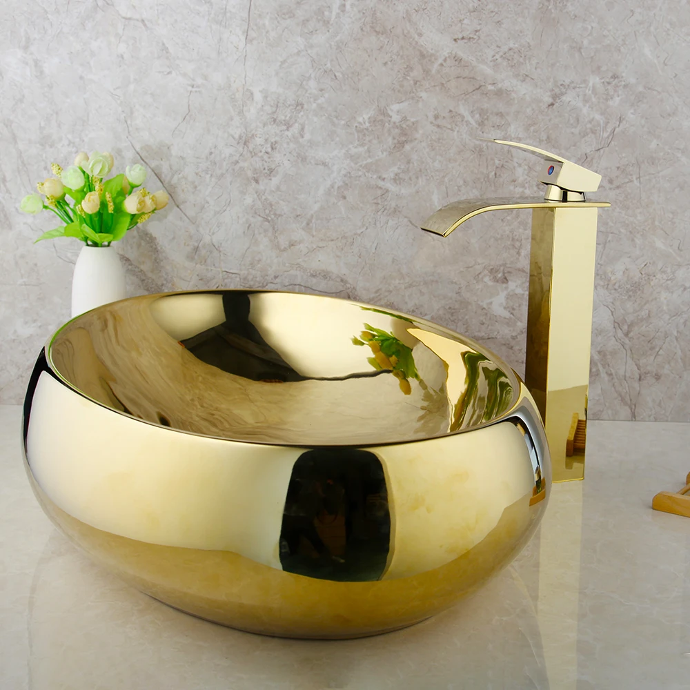 JIENI полированный золотой керамический умывальник для ванной комнаты позолоченный Твердый латунный кран Набор чаши сосуд умывальник раковина W/Pop слив
