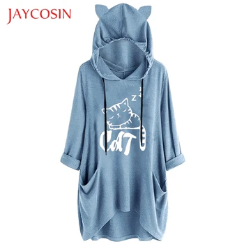 

JAYCOSIN Kawaii clothes womens hoodies long sleeve Casual Print Cat Ear Hooded Shirt Pocket Irregular women Top femme 2019 823