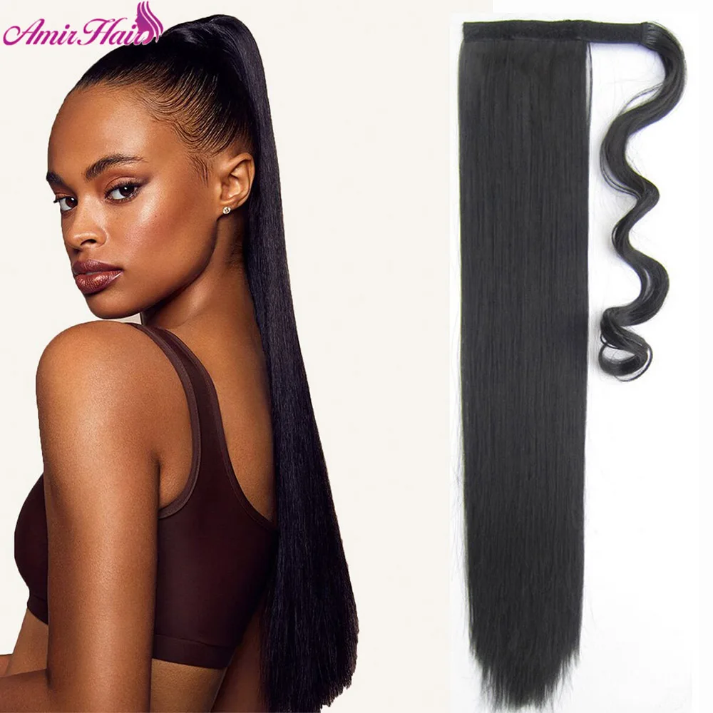 Amir Ponytail Hair Extensions Heat Resistant Synthetic Long Straight Wrap Around Clip In Ponytails with Megic tape