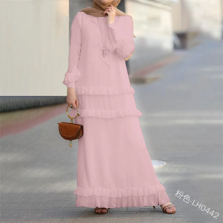 WEPBEL модное элегантное женское платье большого размера мусульманское кружевное платье с длинным рукавом однотонное Макси платье - Цвет: Pink