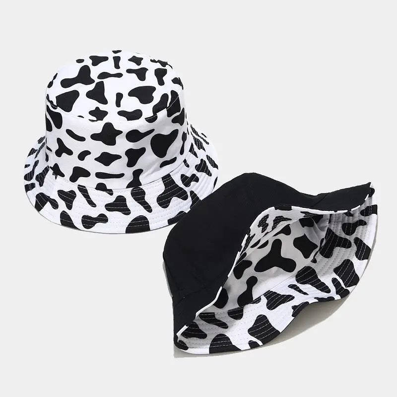 Burizzi New Summer Cute Cartoon Bucket Hats Reversible Casual Fisherman Travel Cap Black White Cow Panda Gorras Panama Chapeau