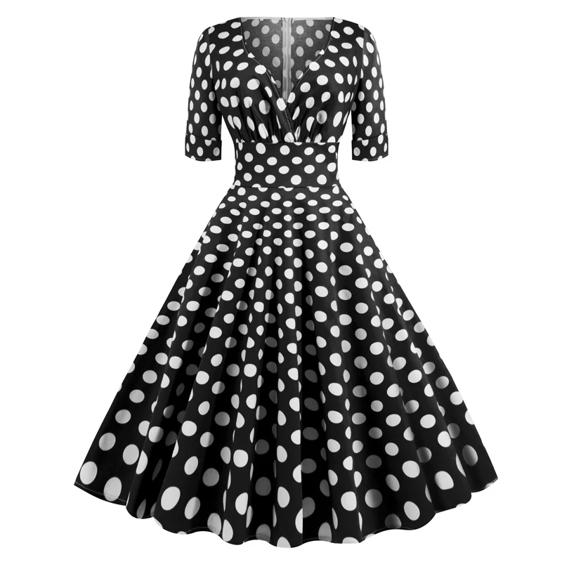 Black with Dot Tonval, зеленое однотонное рокабилли 1950 S, винтажное, с рюшами, v-образный вырез, элегантное, вечернее платье для женщин,, летнее, половина рукава, ТРАПЕЦИЕВИДНОЕ ПЛАТЬЕ - Цвет: Black with Dot