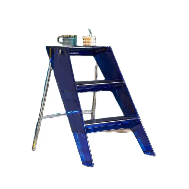 JOYLOVE Japanese Household Ladder Transparent Acrylic Portable Telescopic Folding Ladder Storage Three-step Pedal Plastic Ladder blue