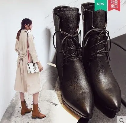 Tanie Sznurowane seksowne zimowe botki damskie buty na wysokim obcasie krótkie pluszowe szpiczasty nosek modne buty motocyklowe dfv56