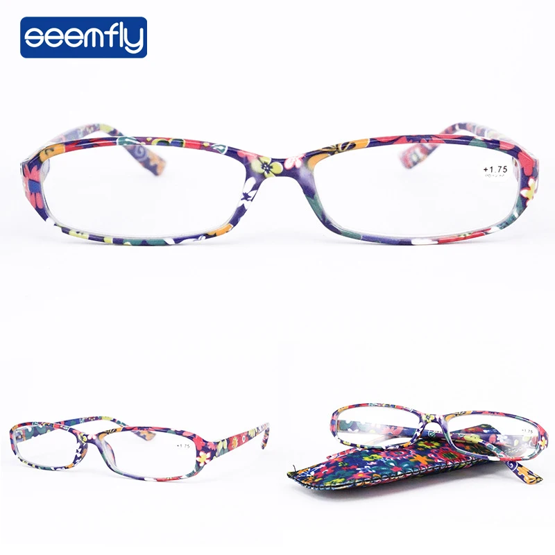 Seemfly Printed Reading Glasses Spring Hinge Rectangular Presbyopic Reading Glasses Matching Pouch+1.0 1.251.5 1.75 2.25 to 4.0