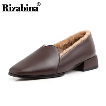 

Rizabina Women Genuine Leather Plush Fur Pumps Square Toe Winter Warm Snow Boots Simple Retro Party Pumps Footwear Size 34-39