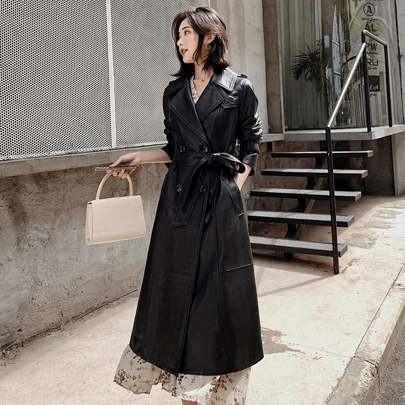 2019 New Autumn High Quality Black Genuine Leather Coat Women Long Slim Coat Belt Sheepskin Coat Windbreaker Female AN235