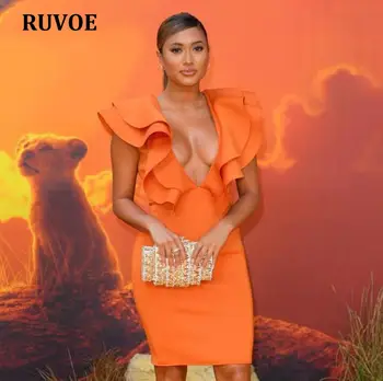 

Women Celebrity Bandage Dress 2019 Ruffles Deep V-Neck Bodycon Bandage Dress Orange Sexy Evening Party Dress Club SO-5
