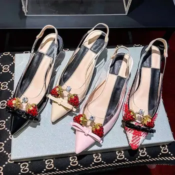 

Womens Kitten Heels Strawberry Decor Patent Leather Stitching PVC Clear Slingbacks Sandals Party Pumps Shoes Original 6Colors