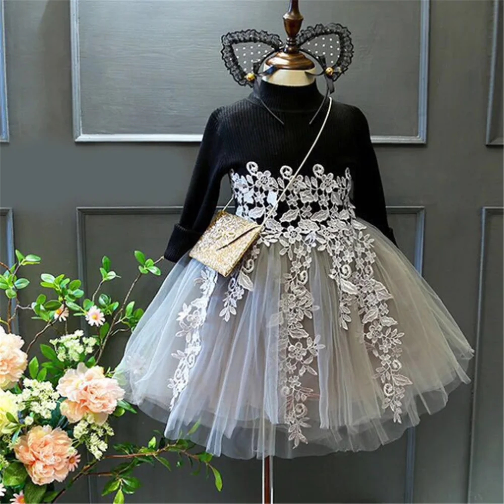 Осенне-зимнее вязаное Кружевное платье-пачка принцессы с длинными рукавами для маленьких девочек бальное платье в Корейском стиле с цветочным принтом для свадебной вечеринки, дня рождения - Цвет: Black