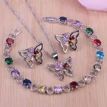 

Colorful butterfly square silver color hoop earrings-necklace bracelet set for women best present bridal jewelry set