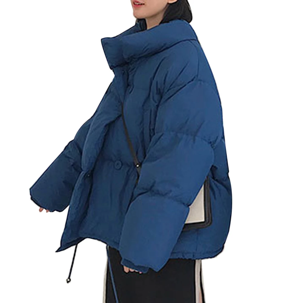 PUIMENTIUA Winter Warm Jacket Women Stand Collar Solid Black White Female Down Coat Loose Womens Plus Size Short Parka New - Цвет: Blue