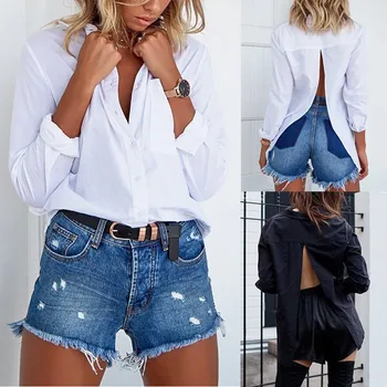 

Trendy Women Long Sleeve clothes turn-down collar Button solid Ladies Casual shirts back split Loose Blouses one pieces