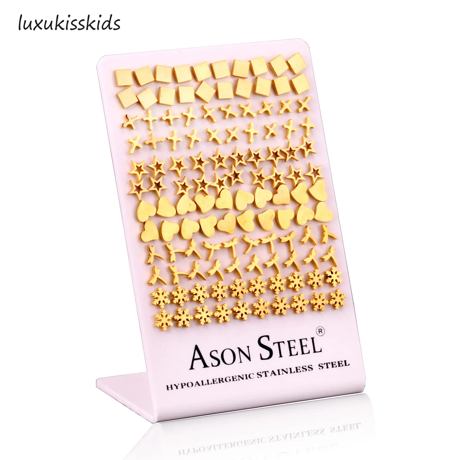 

LUXUKISSKIDS 60paris/lot Different Patterns Small Stud Earrings Set Stainless Steel Screw Plug Earring For Women Kids Girl Men