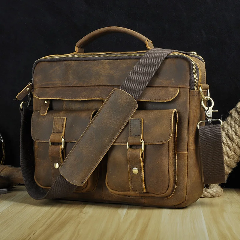 Le'aokuu, мужской портфель кофейного цвета из натуральной кожи в античном стиле, деловые чехлы для ноутбука 13 дюймов, сумки-мессенджеры, портфель, B207-d - Цвет: dark brown
