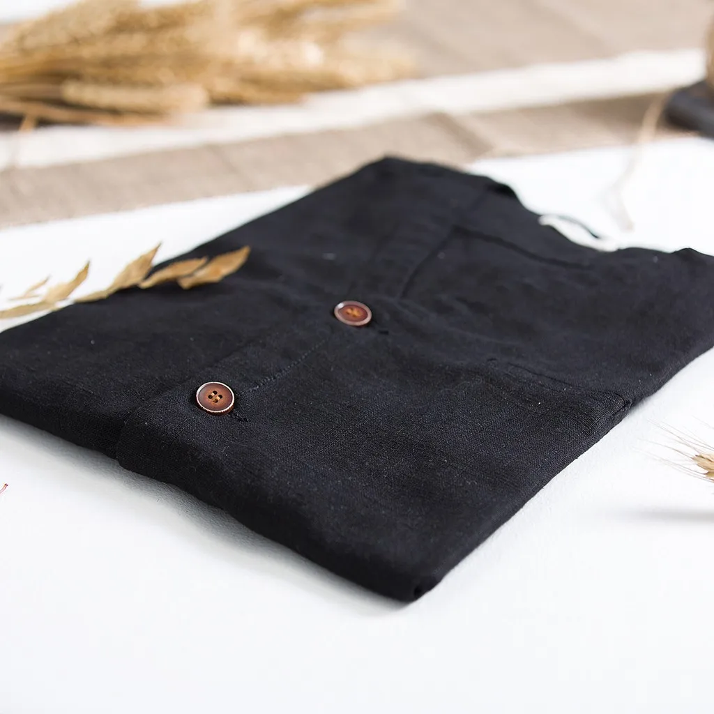 Черная Рубашка Мужская модная хлопковая льняная Однотонная рубашка с длинными рукавами Топы на пуговицах с v-образным вырезом блузка