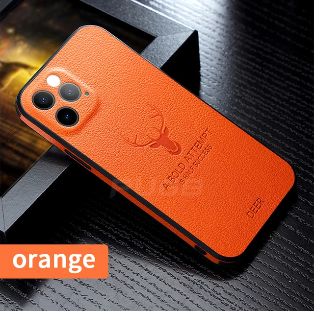 Luxury Leather Texture Square Frame Case For iPhone 11 12 13 Pro Max Mini X XR XS Deer Camera Protection Shockproof Phone Cover Orange