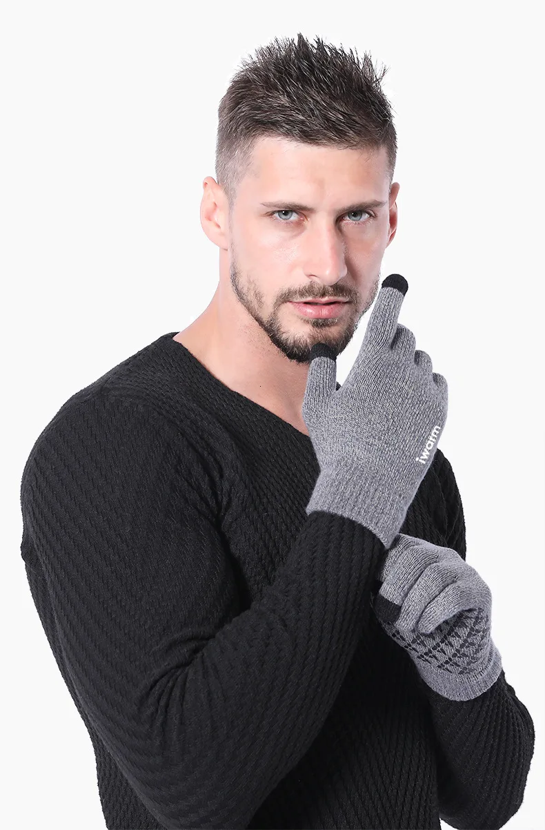 Мужские плотные шерстяные кашемировые однотонные перчатки для смартфона планшета гибкие перчатки зимне-Осенние теплые мужские вязаные перчатки