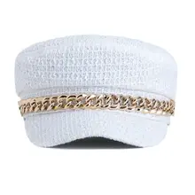 Женская Элегантная кепка с металлической цепочкой, однотонная Клетчатая Кепка с плоским верхом, Регулируемая Кепка, Кепка с козырьком, военная темно-синяя кепка