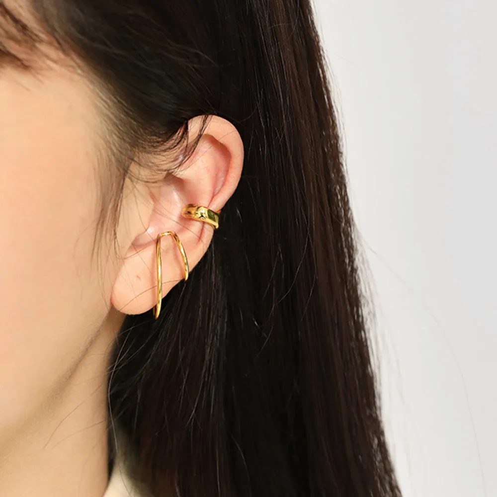 Andywen 925 Sterling Silver Gold 2 Circle Ear Cuffs Earring