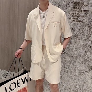 

High Quality Men Suit Set Summer Korean Half Sleeve Blazer Jacket Plus Shorts All Match Front Button Decor Loose Men Short Sets