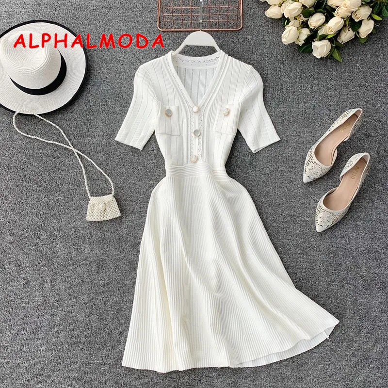 ALPHALMODA 2019 Ранняя осень с коротким рукавом v-образным вырезом на пуговицах женское