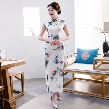 

Print Flower Women Long Qipao Elegant Chinese Rayon Dresses Sexy Mandarin Collar Cheongsam White Oversize 3XL 4XL Vestidso
