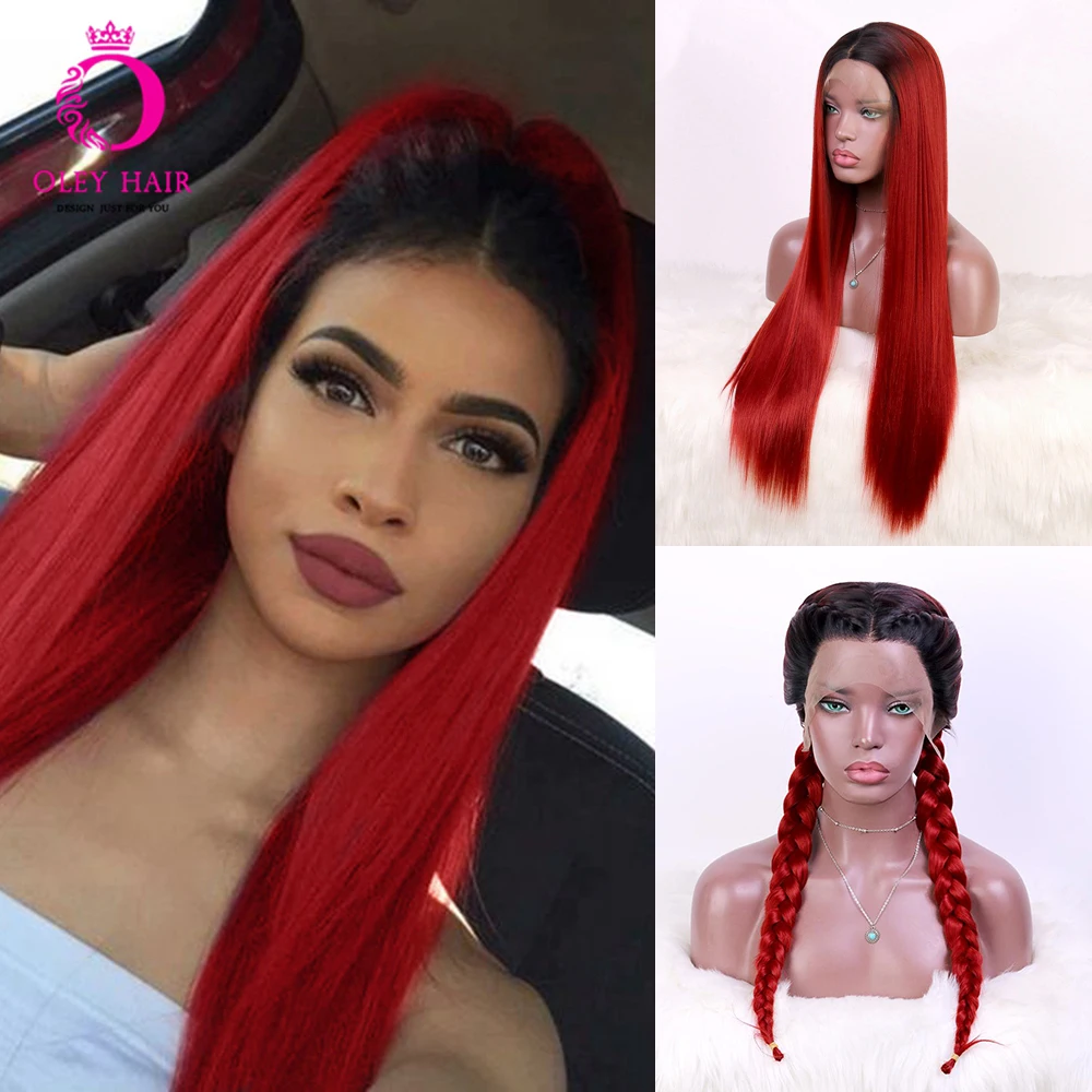 Long Straight Ombre Red Wig Glueless Synthetic Lace Front Heat Resistant Braided Cosplay Wigs For Black Women OLEY | Шиньоны и парики