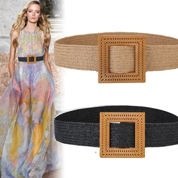 

Vintage Boho Knitted Waist Belt Round Square Buckle HandWoven Elastic Belt For Women Summer Straw Wide Belts Braided Female Belt