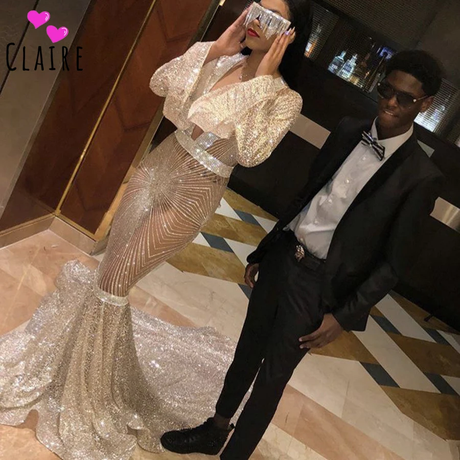 

Glitter Bling Bling Prom Dresses 2019 Mermaid Plunging V Neck See Through Evening Gowns Black Girls robe de soiree CP049