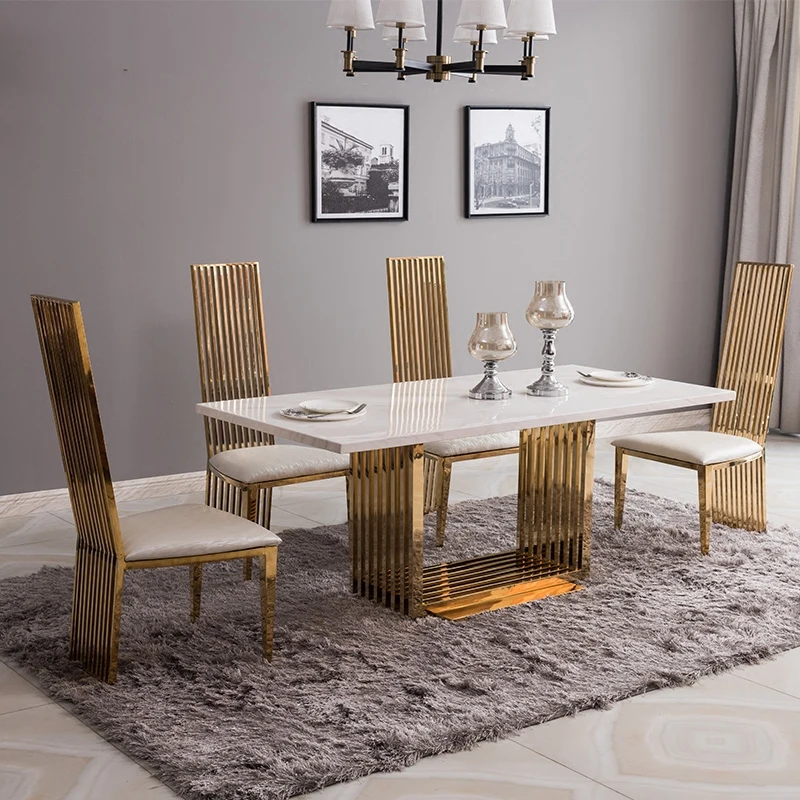 MANBAS Luxury Modern Dining Table Set with High-Back Gold Metal Chairs, Marble Table, Elegant Design for Kitchen and Dining Room