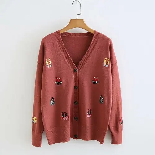purple brick red Neploe свитер для женщин повседневные кардиганы модный Повседневный свитер корейский мультфильм обувь вышивка негабаритных куртка с v-образным воротником 55333 - Цвет: purple brick red