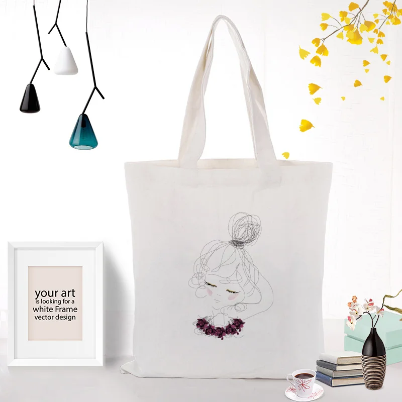 illustration girl Tote Bag Shopping Bag Custom Print Logo Canvas Text DIY Daily Use Eco Ecologicas Reusable Recycle Handbag