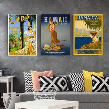 

Tropical Islands Vintage Travel Posters and Prints Cuba Hawai'i Jamaica Tourism Wall Art Canvas Painting Pictures Home Decor