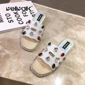 

Rhinestone Slippers Women Flat Shoes Square Toe Ladies Fashion Hemp Sole Slides Colorful Crystal Shoe Woman Dress Flip Flops New
