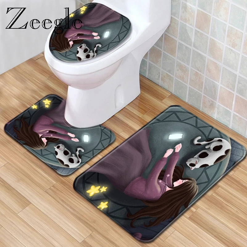 Zeegle 3pcs Toilet Mat Set Microfiber Bathroom Mat Set Non-Slip Bath Mat Set Washable Toilet Mat Toilet Seat Cover Modren Rug