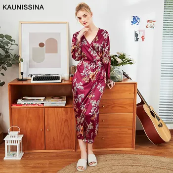 

Women Sleep Robes Silk Nighties Long Sleeve Kimono Robe Flower Printed Long Spa Bathrobe Sleepwear Dressing Gown Female Homewear